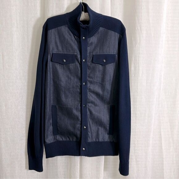 BR LT Indigo Denim Front Knit Full Zip Snap Front Mock Neck Cardigan - Picture 1 of 14